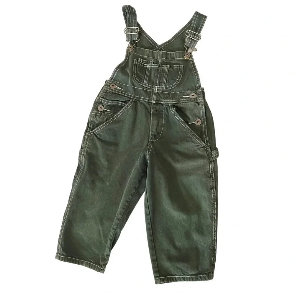 Gap Overalls Kids XXS Green Carpenter Contrast Stitch Utility Bibs
